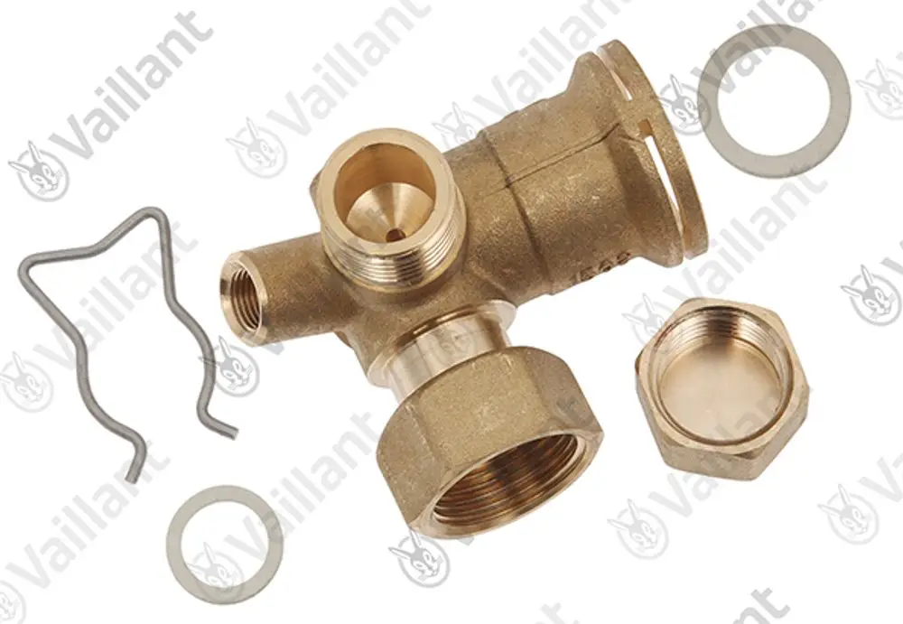 Vaillant T-Stück aus Messing mit zwei Anschlussgewinden und einer Öffnung. Enthält eine Dichtung und einen Sicherungsclip.